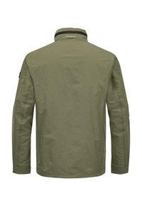 Olive green jacket with a high collar, long sleeves, and visible stitching. Features a logo on the back neck and a smooth, lightweight texture.