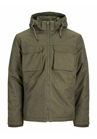 Veste à capuche verte olive pour homme avec fermeture éclair à l'avant, deux poches poitrine à rabat et deux poches latérales zippées, conçue pour temps froid.
