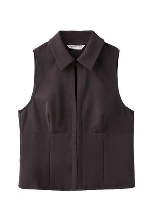Gilet noir sans manches taillé sur mesure avec col pointu et fermeture avant cachée, présenté sur fond blanc.