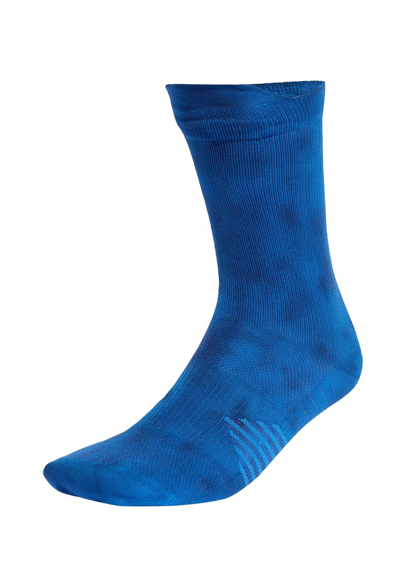Calzino blu con una texture liscia, caratterizzato da un motivo sottile e una cima a coste. Realizzato in materiale elastico per comfort e vestibilità.