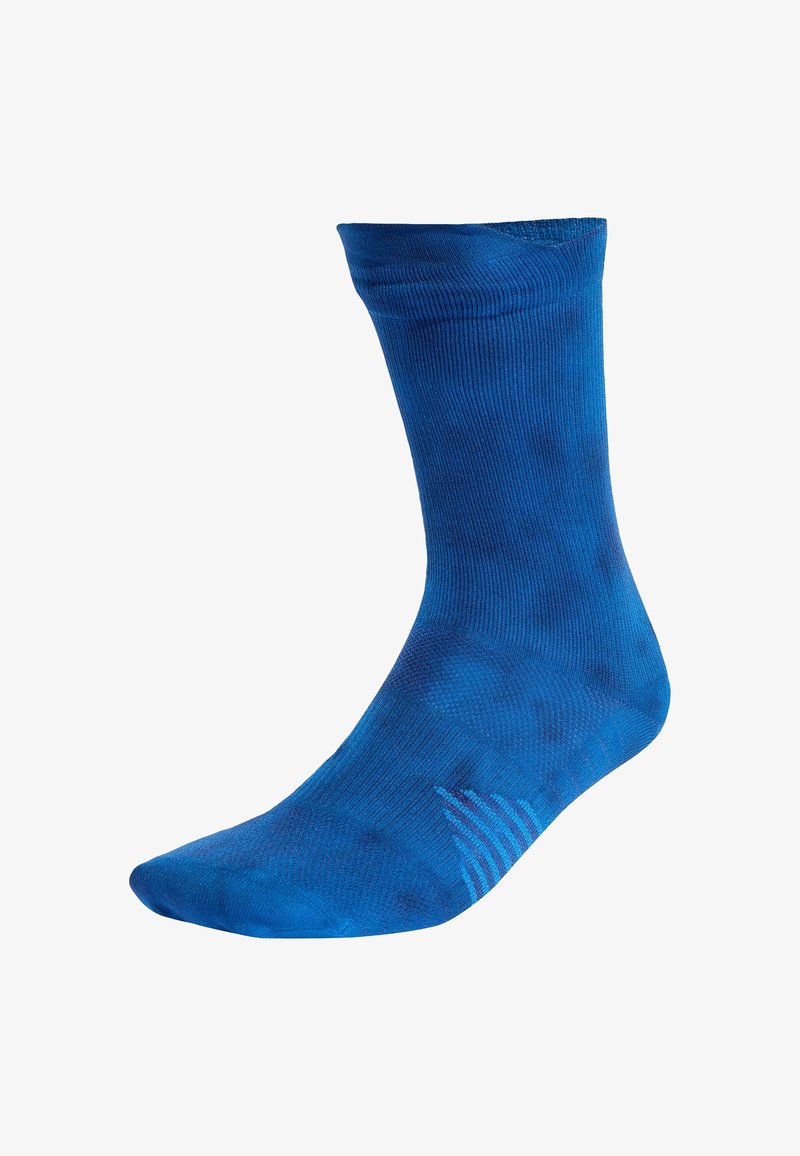 Calzino blu con una texture liscia, caratterizzato da un motivo sottile e una cima a coste. Realizzato in materiale elastico per comfort e vestibilità.