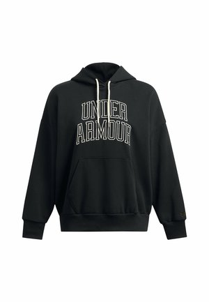 Čierna mikina s kapucňou, na ktorej je vpredu veľkými bielymi písmenami vytlačený nápis "UNDER ARMOUR". Obsahuje predné vrecko a elastické manžety na rukávoch a na leme.