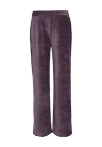 Diepe paarse fluwelen wijde broek met een gladde textuur en een elastische tailleband. Geen zakken of zichtbare hardware-details.