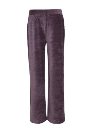 Pantalons larges en velours de couleur violet profond avec une texture lisse et une taille élastique. Pas de poches ni de détails matériels visibles.