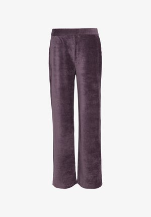 Pantalons larges en velours de couleur violet profond avec une texture lisse et une taille élastique. Pas de poches ni de détails matériels visibles.