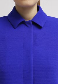 Blusa blu reale con colletto strutturato, texture liscia e dettagli di cucitura sottili lungo la placca centrale davanti.