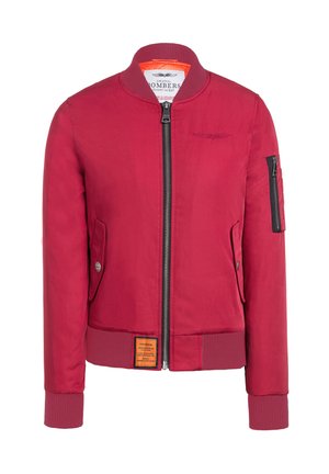 Rote Bomberjacke aus glattem Stoff mit einem Front-Reißverschluss, gerippten Bündchen, einer aufgesetzten Tasche am Ärmel und einem orangefarbenen Innenfutter.