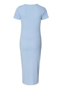 Light blue, fitted midi dress with short sleeves and a round neckline, made of a smooth, stretchy fabric. Designed without patterns or accents.