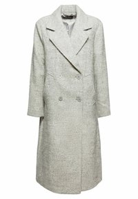 Long gray textured wool double-breasted coat with wide lapels and two front pockets, displayed on a white background.