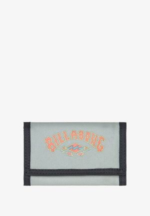 Wallet in light gray fabric with black trim, featuring colorful "Billabong" logo and wave design in orange and blue. Folded design.
