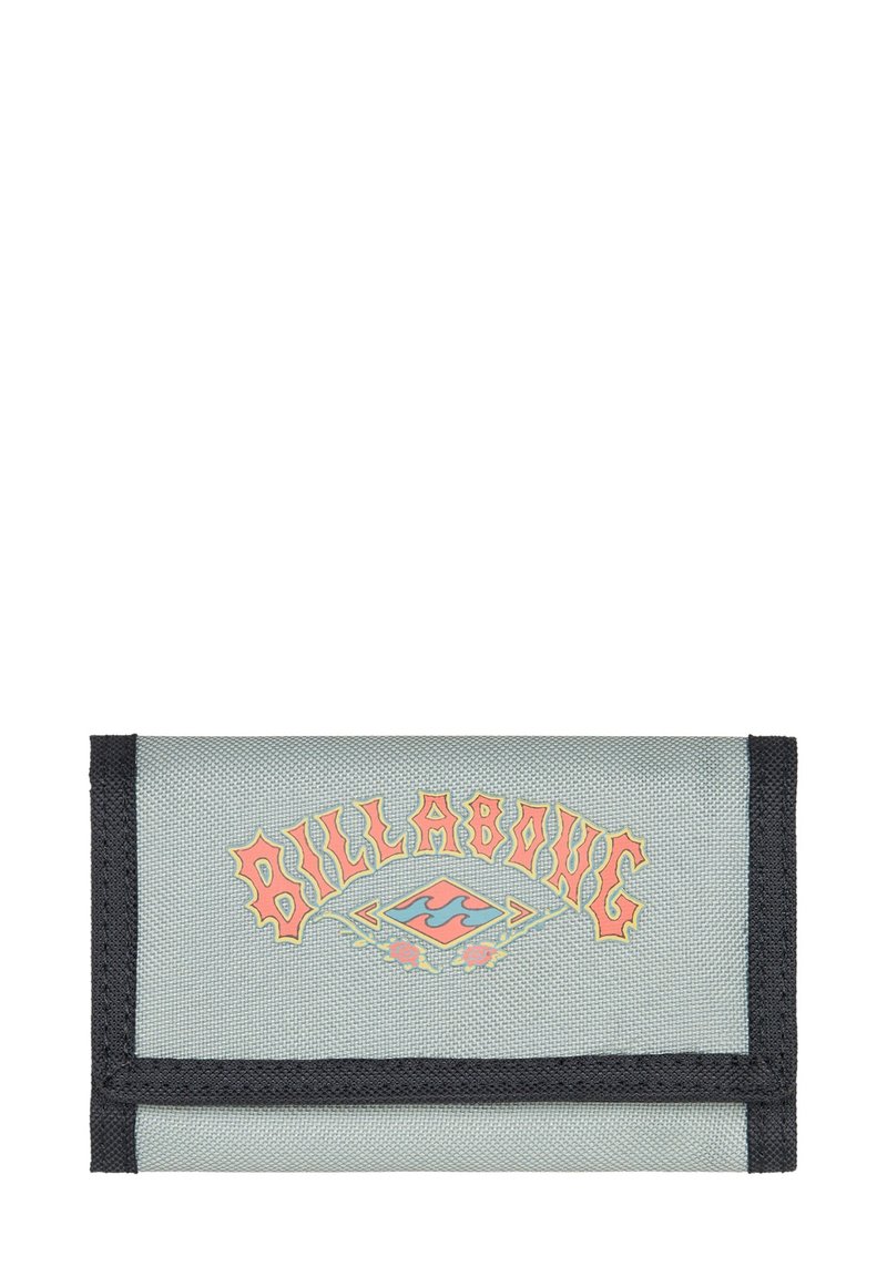 Portafoglio in tessuto grigio chiaro con bordi neri, caratterizzato dal colorato logo "Billabong" e da un design di onde arancioni e blu. Design pieghevole.