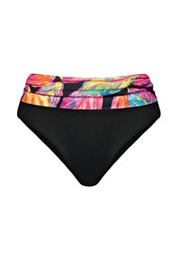 Bikini o wysokim stanie, czarny z kolorowym, kwiatowym wzorem w pasie. Gładki, elastyczny materiał o miękkiej teksturze.