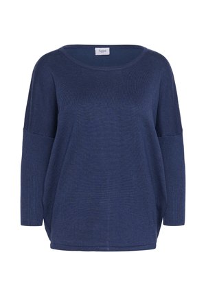 Pletena tamnoplava majica s širokim okruglim izrezom, spuštenim ramenima, rukavima do tri četvrtine i slobodnim krojem. Mekana tekstura s rebrastim detaljima.