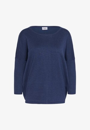 Navy blue knit sweater with a wide scoop neck, dropped shoulders, three-quarter sleeves, and a loose fit. Soft texture with ribbed accents.