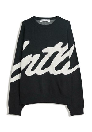 Black knitted sweater with a large white script logo across the front. Features a round neckline and long sleeves. Ribbed cuffs and hem.