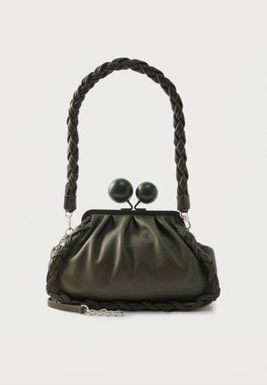 Olive green leather handbag with braided handle and silver hardware, featuring a gathered design and round clasp details on top.