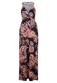 Vestido largo negro con un escote en V profundo, que presenta un patrón floral de paisley en tonos de rosa, azul y blanco, y una cintura elástica.