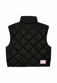 Schwarze gesteppte Weste mit hohem Kragen, im Rautenmuster und mit einem kleinen rosa Etikett an der Seite. Ohne Ärmel.