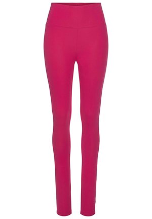 Leggings fucsias con cintura alta, hechos de un material elástico. Textura suave con una silueta ajustada, adecuados para ropa deportiva.