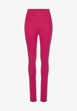 Leggings fucsias con cintura alta, hechos de un material elástico. Textura suave con una silueta ajustada, adecuados para ropa deportiva.