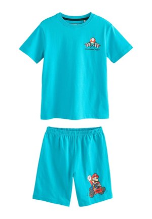 Türkises Baumwoll-Zweiteiler-Nachthemd, bestehend aus einem kurzärmligen Hemd mit karierter Flagge Grafik und einem Grafikcharakter auf den Shorts.
