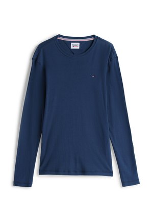 Camiseta de manga larga azul marino hecha de tela suave, con un cuello redondo, corte relajado y un pequeño logo en el pecho.
