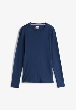 Navy blue long-sleeve t-shirt made of soft fabric, featuring a crew neckline, relaxed fit, and small logo on the chest.