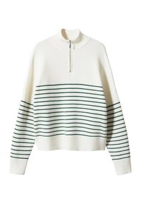 Weißer Rippstrickpullover mit schwarzen horizontalen Streifen, langen Ärmeln, hohem Kragen und einem halbseitigen Reißverschluss vorne.