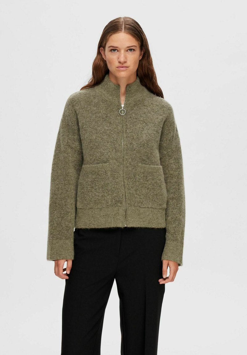 Selected Femme SLFSIA ZIPPER CARDIGAN  - Chaqueta de punto - dusky green