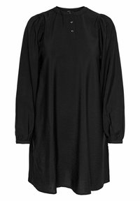 Czarna sukienka z długim rękawem, z okrągłym dekoltem, z trzema guzikami, z marszczonymi ramionami oraz luźną, płynącą sylwetką. Gładka tekstura.