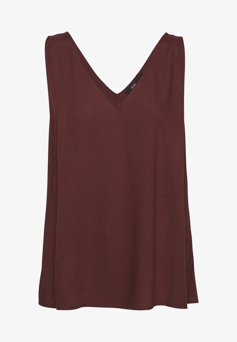 Burgundy sleeveless top with a V-neckline, made of smooth fabric. Features a relaxed fit with side slits for added movement.