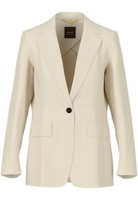 Beige blazer with a notched collar, single brown button closure, two front pockets, and smooth texture. Label visible inside collar.