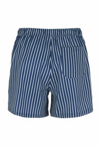 Sinivalkoiset raidalliset uimapuvut, joissa on joustava vyötärö ja yksi takatasku. Pehmeä kangas, jossa on sileä pinta.