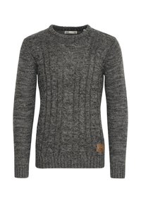 Gray knitted sweater featuring a cable pattern, round neckline, and ribbed cuffs. Includes a small brown leather logo tag at the side.