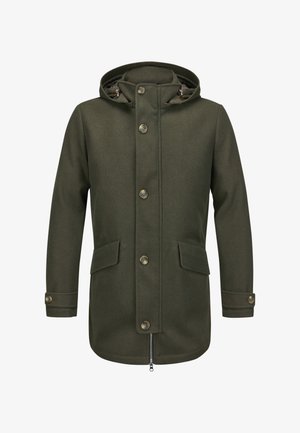 Olivgrüne Jacke aus Wollmischung, mit Kapuze, Knopf- und Reißverschluss, zwei Fronttaschen und knöpfbaren Ärmelbündchen.