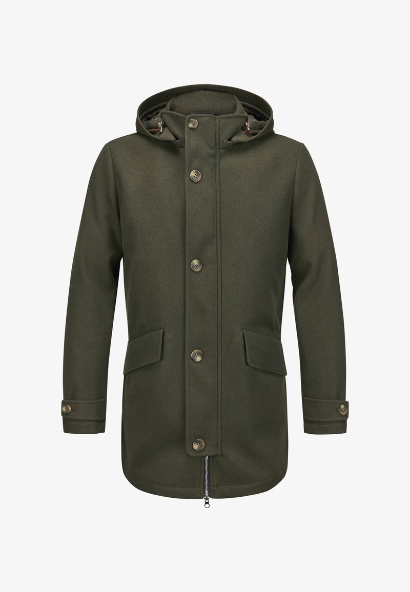 Olivgrüne Jacke aus Wollmischung, mit Kapuze, Knopf- und Reißverschluss, zwei Fronttaschen und knöpfbaren Ärmelbündchen.