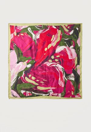 Foulard carré en soie avec des motifs floraux abstraits audacieux en rouge, rose, vert et blanc et une bordure jaune clair.
