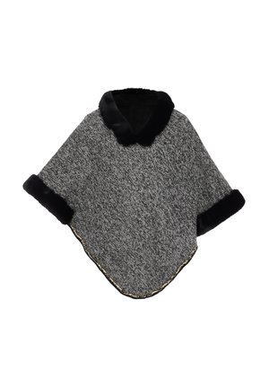 Harmaa teksturoitu poncho, jossa on musta tekoturkiskaulus ja -hihansuut. Korostaa kultaisella reunuksella helmaa. Pehmeä materiaali, löysä istuvuus.