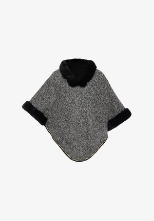 Grå tekstureret poncho med sort faux fur krave og manchetter. Har et guldtrimmet accent langs kanten. Blødt materiale, løs pasform.