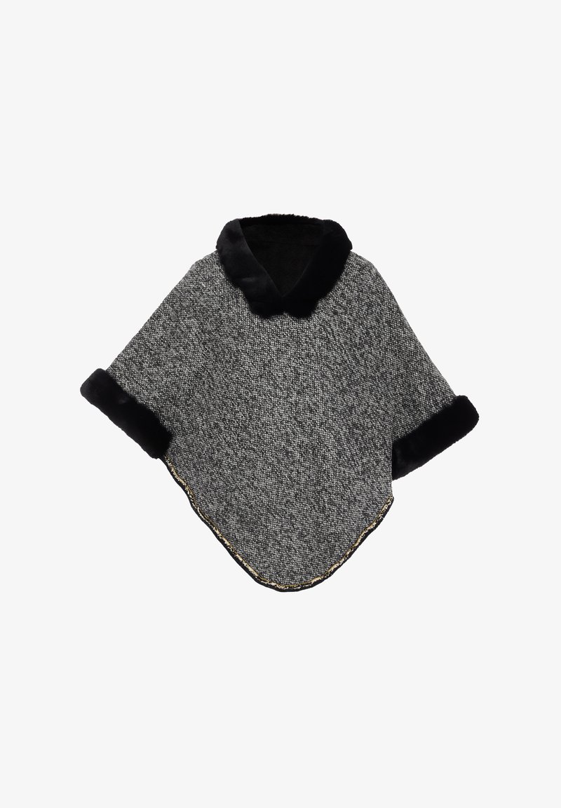 Grå tekstureret poncho med sort faux fur krave og manchetter. Har et guldtrimmet accent langs kanten. Blødt materiale, løs pasform.