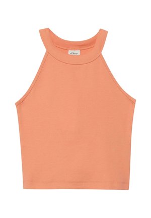 Sleeveless peach cropped halter top with high neckline and small s.Oliver brand label at the back collar.