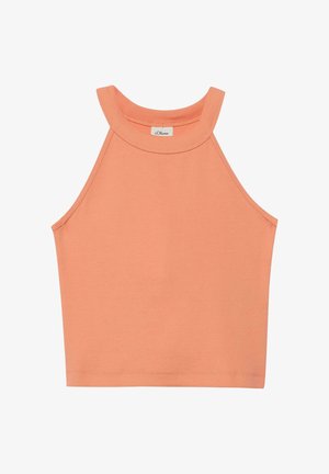 Ärmelloses, kürzlich geschnittenes pfirsichfarbenes Neckholder-Top mit hohem Ausschnitt und kleinem s.Oliver Markenlabel am hinteren Kragen.