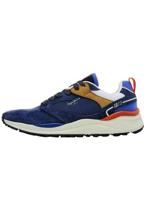 Navy blue sneaker with white sole, brown accent near laces, orange pull tab, black laces, and "Pepe Jeans London" branding on side.