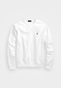 Felpa bianca in misto cotone, con scollatura a girocollo, maniche lunghe, polsini e orlo a costine, e un piccolo logo blu navy sul petto.