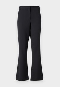 Pantalons évasés noirs en tissu mélangé de coton, avec une texture lisse, une ceinture et des détails de couture à l'avant.