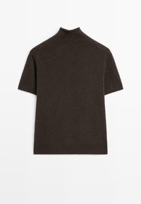 Kortärmad mörkbrun tröja med hög krage; tillverkad av mjukt stickat material, med en ren och enkel design utan dekorationer.
