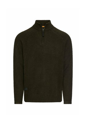Mørkegrøn langærmet pullover med ribbet krave, ærmekanter, kant og en kort lynlås foran.