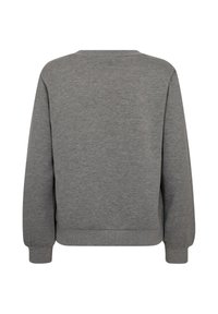 Grijze sweatshirt met een ronde hals, lange mouwen en geribbelde manchetten. De gladde textuur duidt op een zachte, comfortabele stofafwerking.