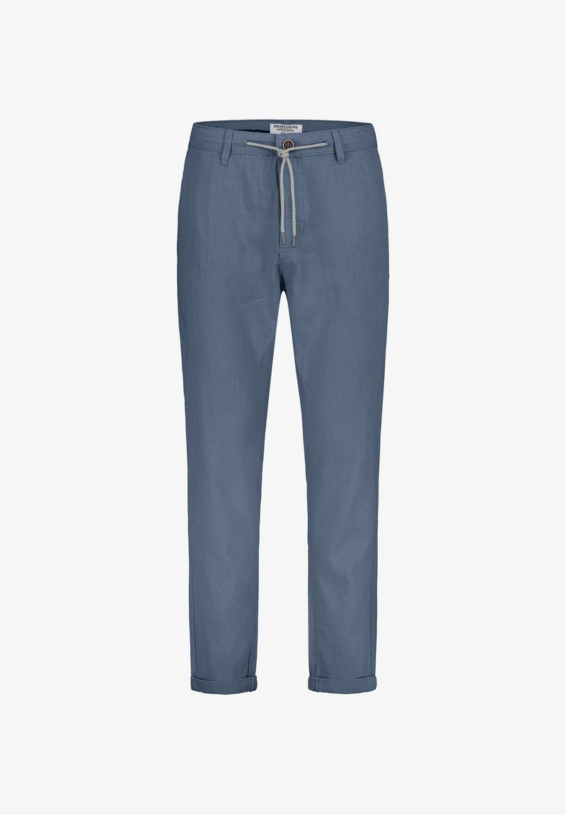 Light blue, linen blend pants with a drawstring waist, cuffed ankles, and a smooth texture. Features a front button closure.