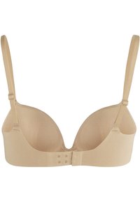 Beżowy bezprzewodowy biustonosz z gładkiego materiału, lekko wyściełany w miseczkach, z regulowanymi ramiączkami i zapięciem na hak i oczko z tyłu.